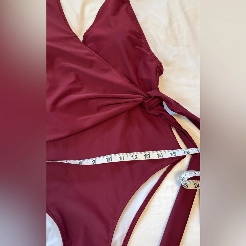 NWT Cupshe One Piece Swimsuit Wrap Side Tie Bathing Suit Size Large Burgundy - Picture 6 of 11